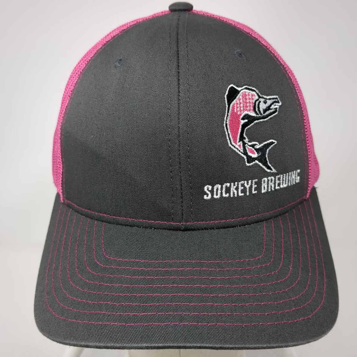 Richardson Trucker Hat Gray Pink One Size Sockeye Brewing Fish Logo 112 Mesh