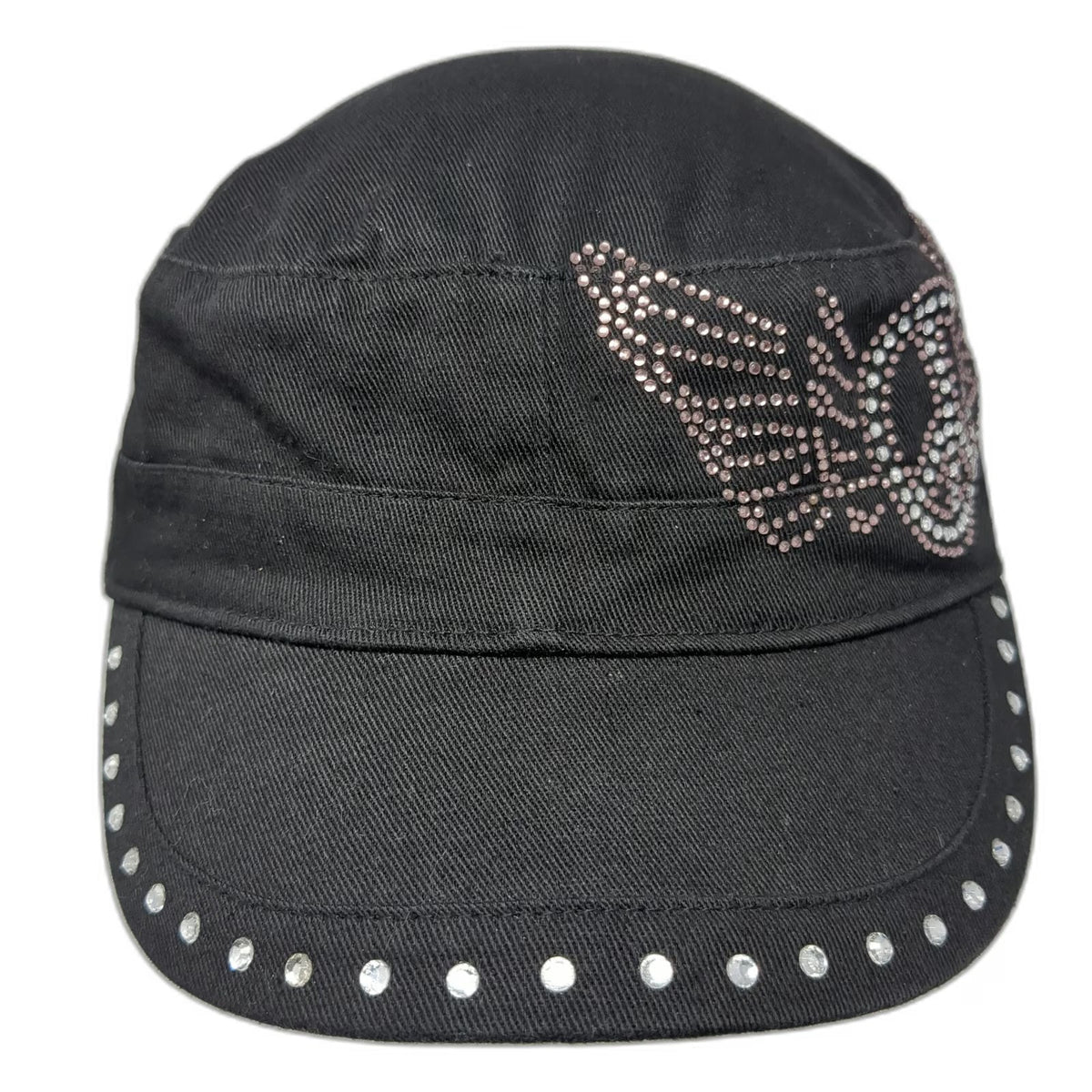 BHW Army Cap Black One Size Rhinestone Peace Sign Wings Studded Brim hat