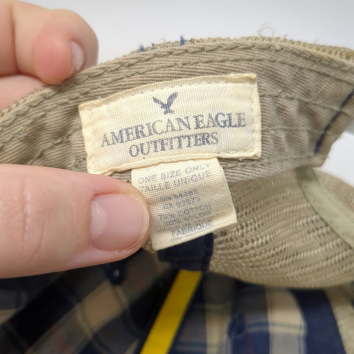 American Eagle Trucker Hat Blue Beige One Size Plaid Distressed Snapback 1977