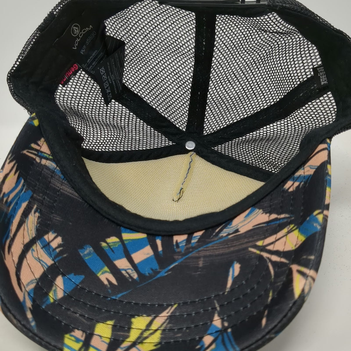 Volcom Trucker Hat Black Blue One Size Tropical Palm Leaf Print Mesh Snapback