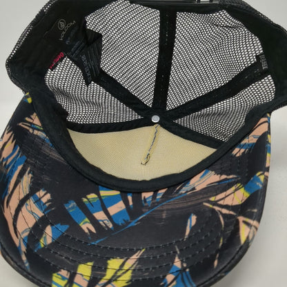 Volcom Trucker Hat Black Blue One Size Tropical Palm Leaf Print Mesh Snapback