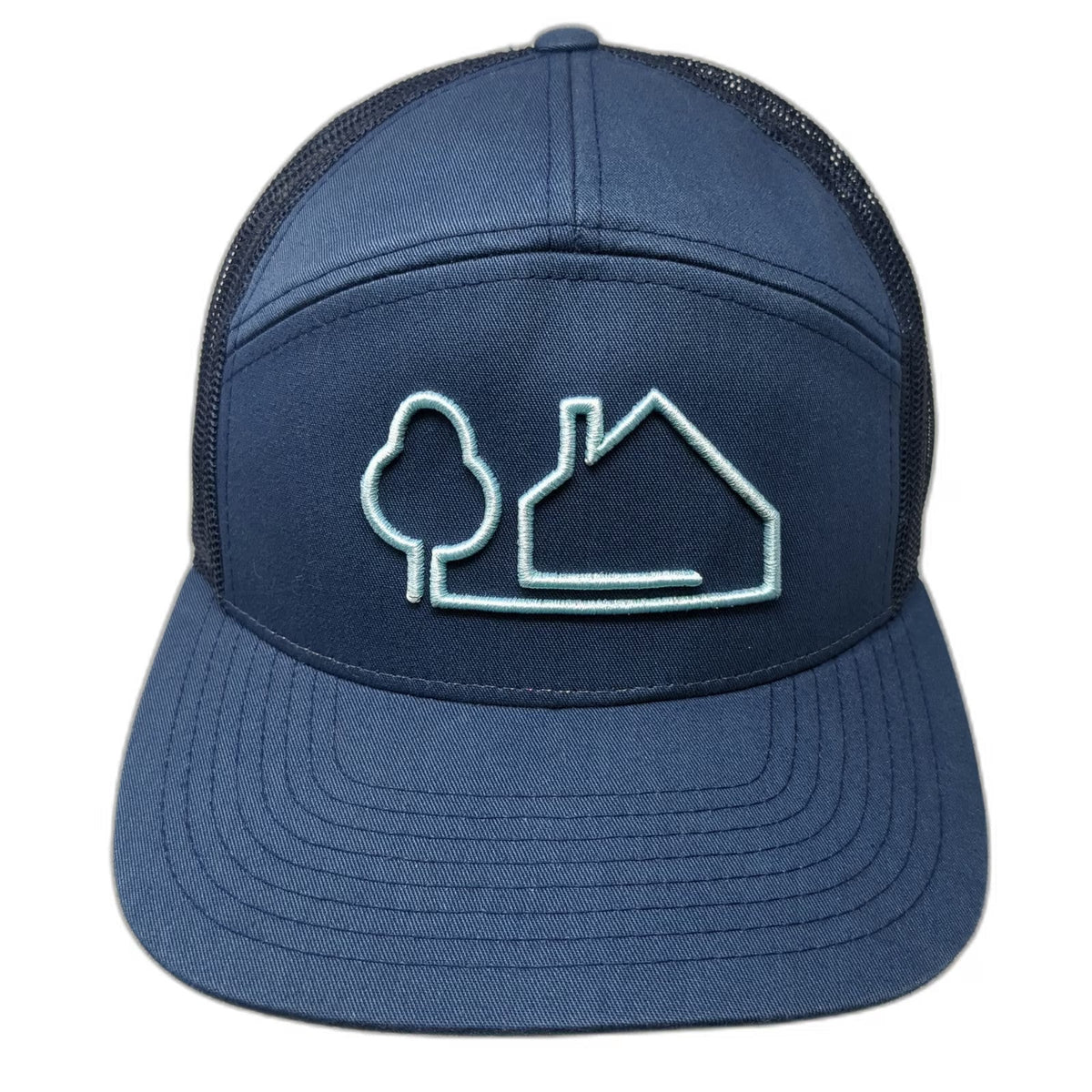 Trucker Hat Blue One Size Mesh Snapback House Tree Graphic Flat Bill 7 Panel