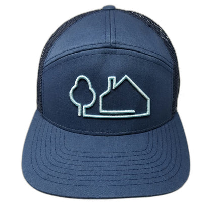 Trucker Hat Blue One Size Mesh Snapback House Tree Graphic Flat Bill 7 Panel