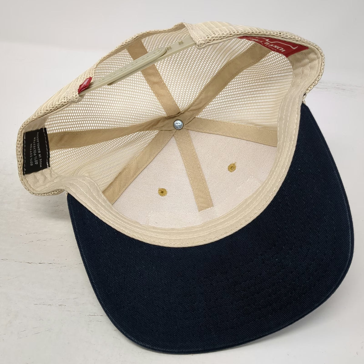 Kimes Ranch Trucker Hat Beige Blue American Flag Logo One Size Mesh Snapback