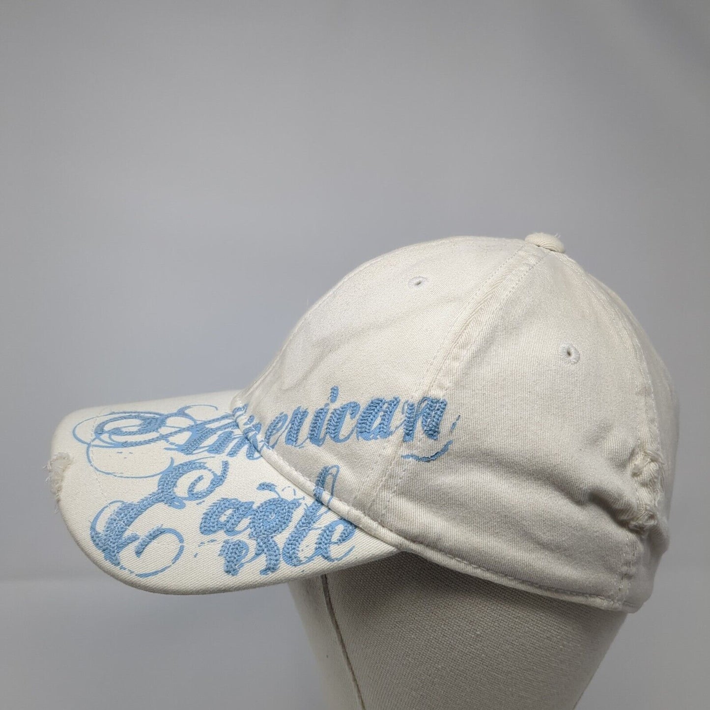 American Eagle Fitted Hat White Cream S/M NU-Fit Embroidered Distressed 6 Panel
