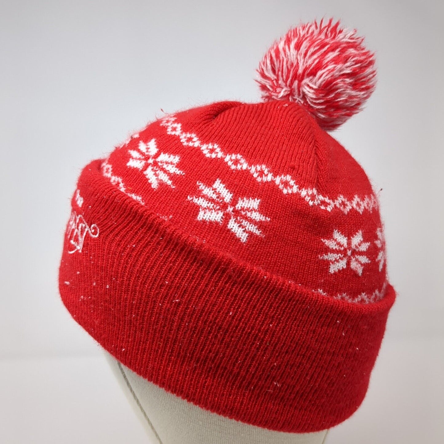 Worlds of Fun Winterfest Knit Pom Pom Beanie Hat Red One Size Fair Isle