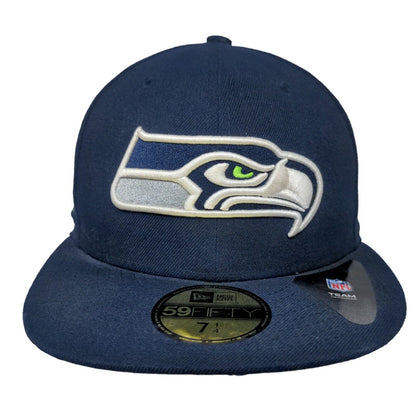 New Era Men's Fitted Flat Bill Hat Blue 7 1/4 Seattle Seahawks NFL Embroidered
