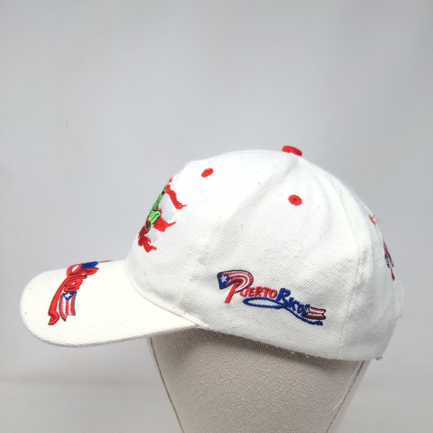 Puerto Rico Flag Frog Strapback Hat White One Size Embroidered
