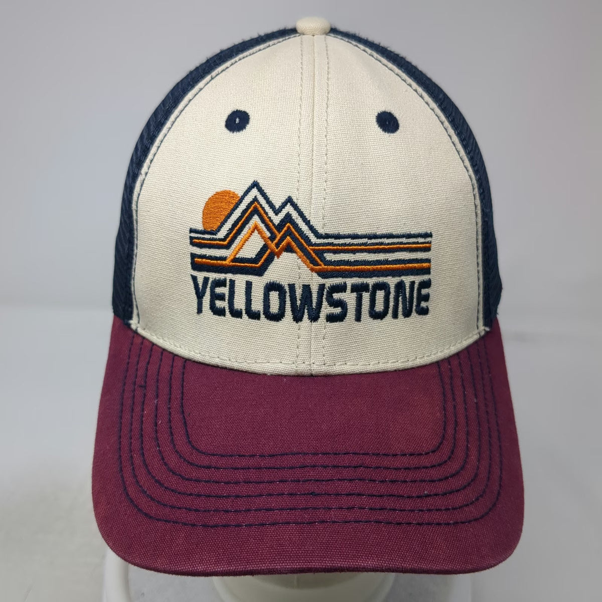 Pro Mountain Yellowstone National Park Trucker Hat Beige Blue Red OSFM Snapback