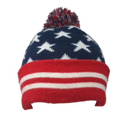 American Flag Beanie Hat Multicolor One Size Stretch Knitted Patriotic Pom Pom
