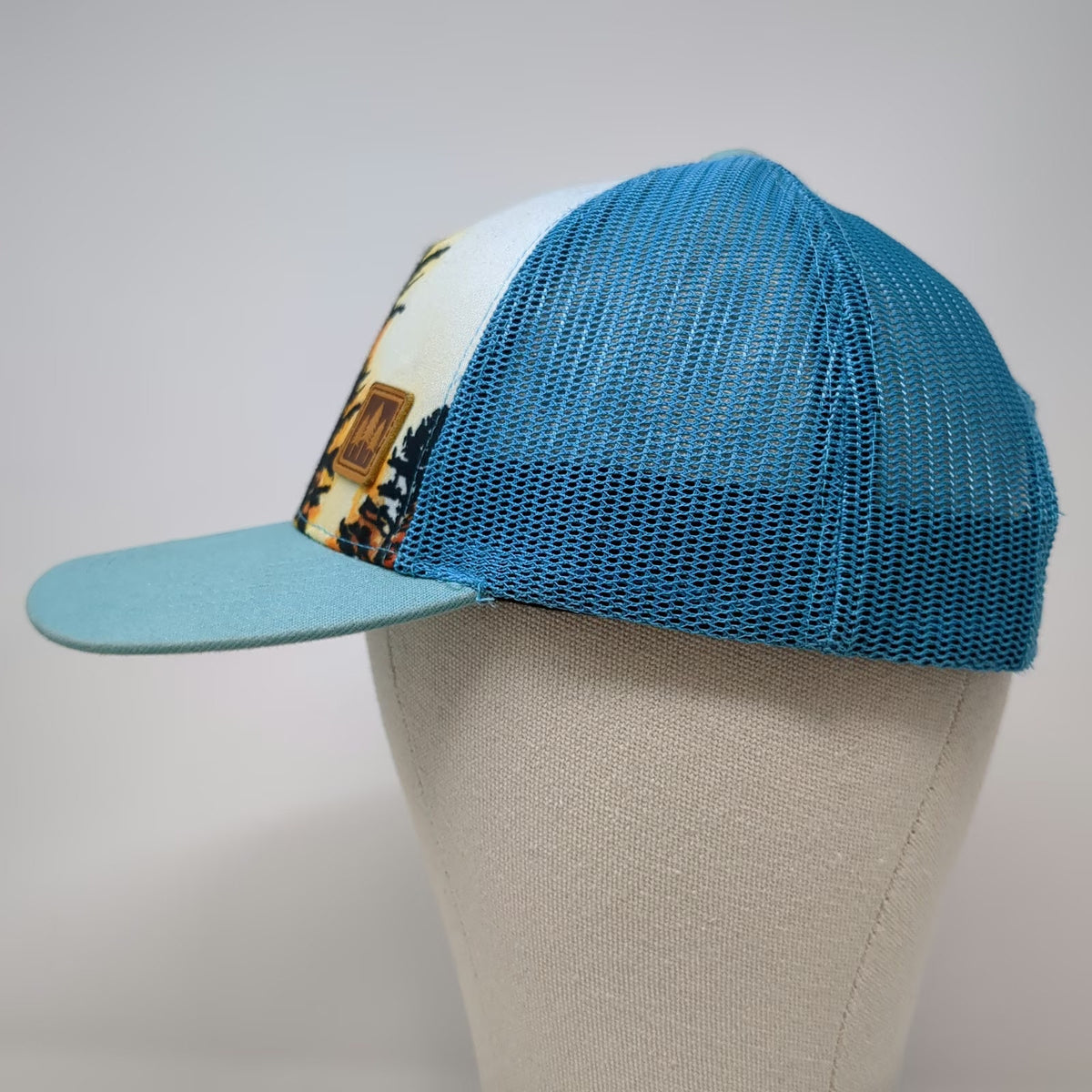 The Montana Scene Trucker Hat Blue One Size Sunset Tree Graphic Mesh Snapback