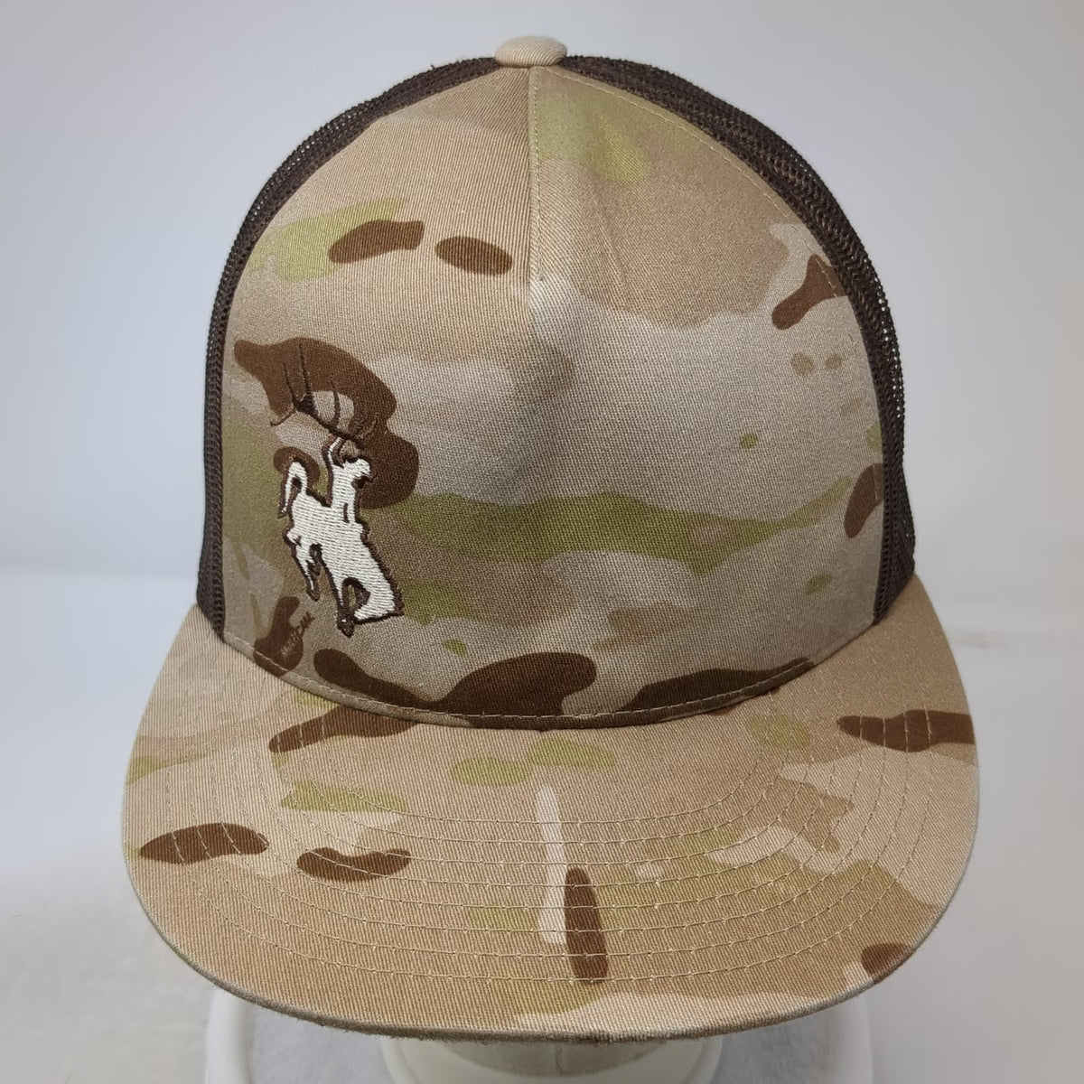 Yupoong Trucker Hat Beige Brown Camo One Size Wyoming Bucking Horse Snapback