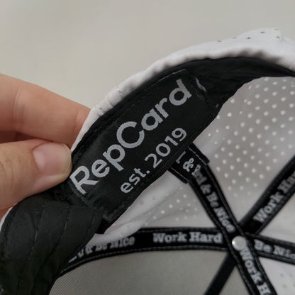 RepCard Snapback Hat White One Size Embroidered Logo Laser Cut