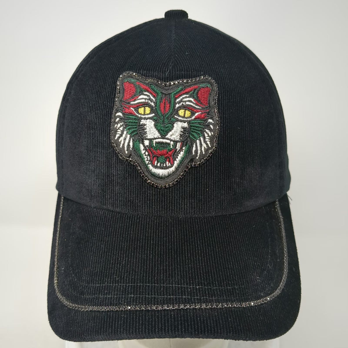 Black Baseball Cap One Size Corduroy Tiger Patch Studded Brim Hat Rhinestones