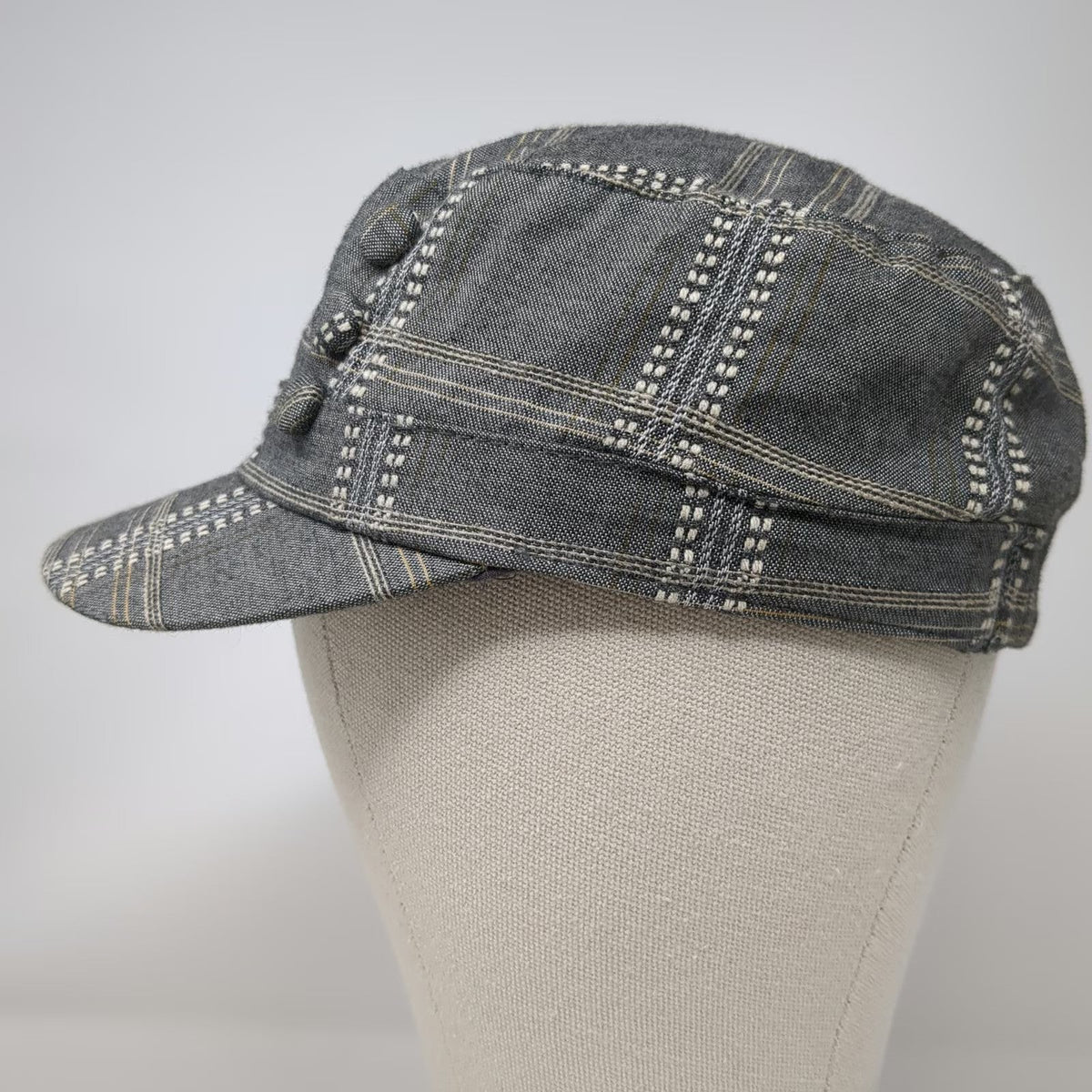 Toucan Collection Army Cap Gray One Size Plaid Pattern Decorative Button Hat