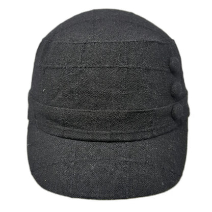 D&Y Army Cap Black One Size Wool Blend Decorative Buttons Elastic Back Hat Cadet
