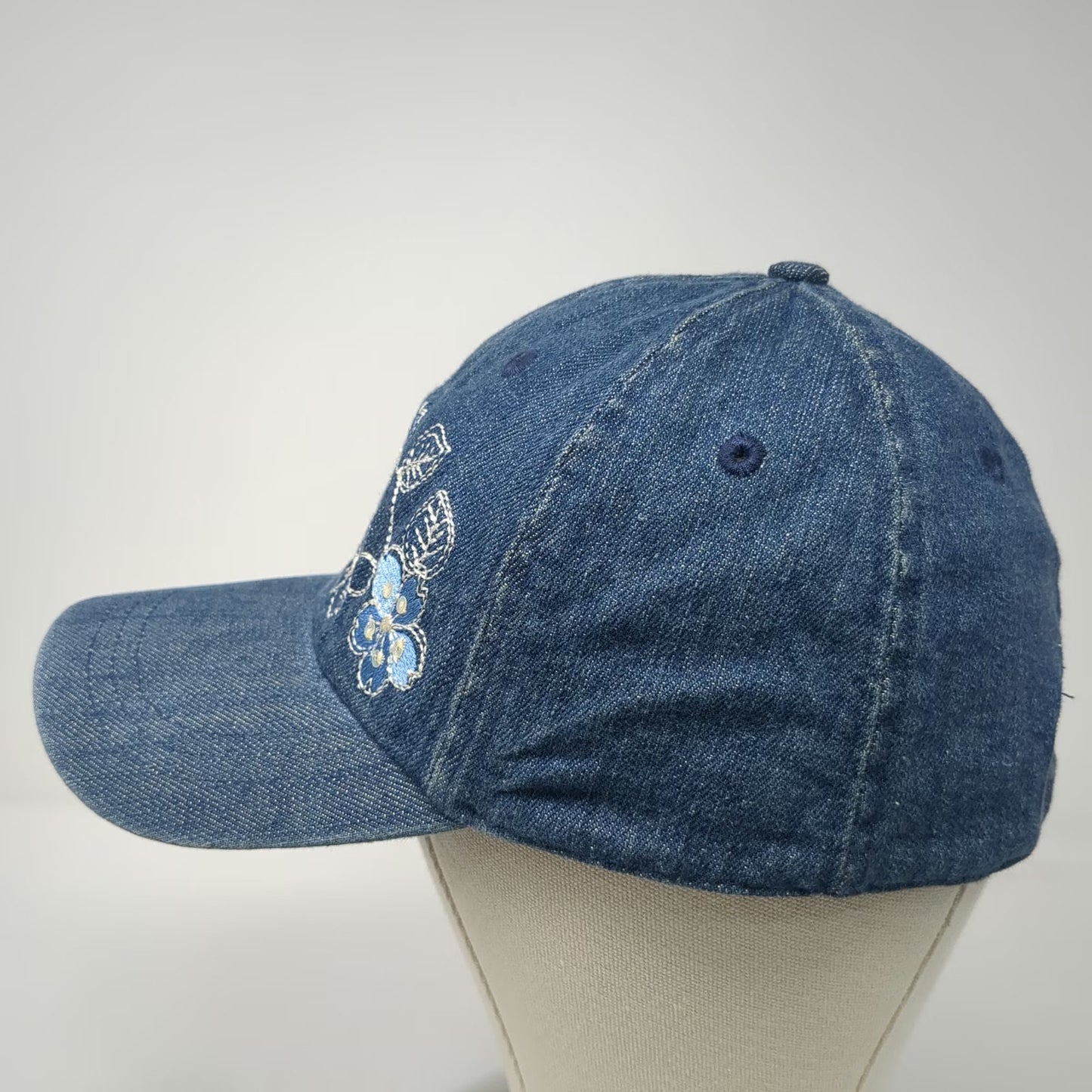 Blue Baseball Cap One Size Denim Floral Embroidered Flower Adjustable Strap Hat