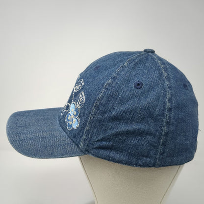 Blue Baseball Cap One Size Denim Floral Embroidered Flower Adjustable Strap Hat