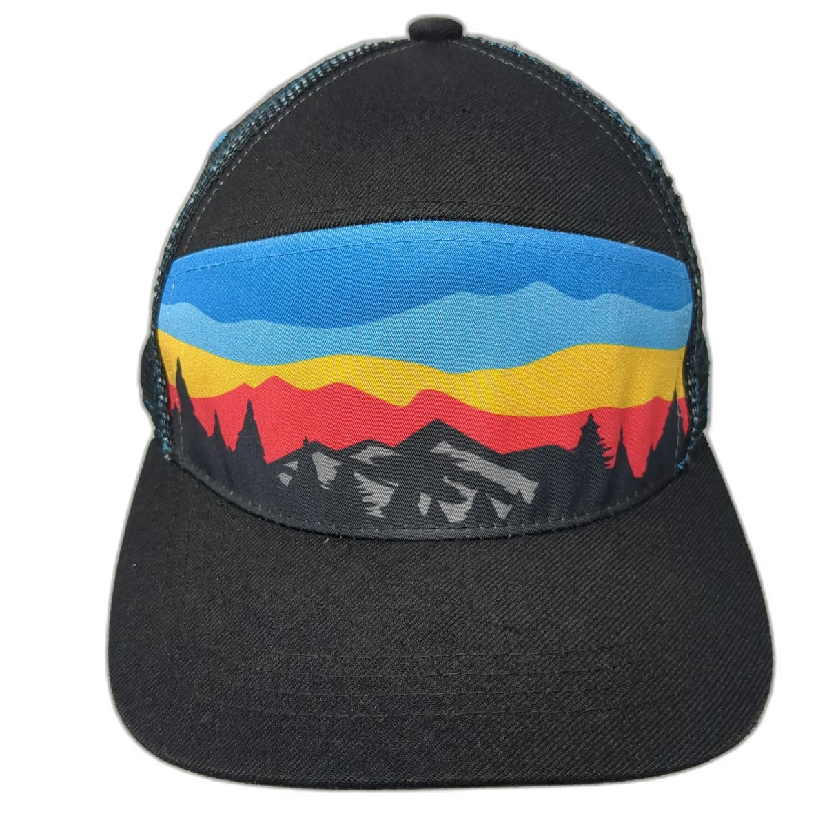 Aksels Trucker Hat Black Red Blue One Size Mountain Landscape Pine Mesh Snapback