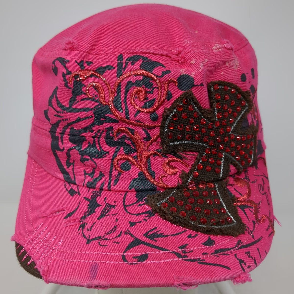 Leader LOGA Army Cap Pink One Size Cross Rhinestone Distressed Filigree Hat