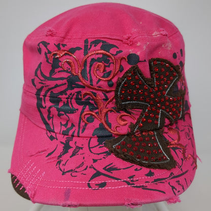 Leader LOGA Army Cap Pink One Size Cross Rhinestone Distressed Filigree Hat