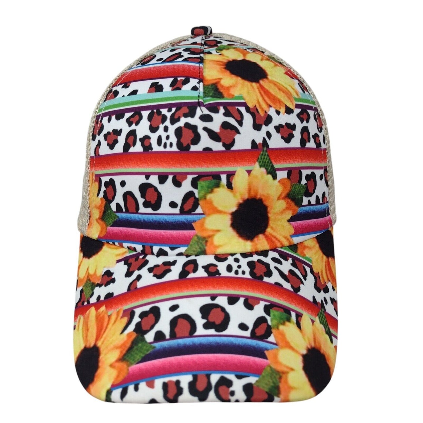 Sunflower Leopard Print Strapback Trucker Hat Multi OSFA Ponytail