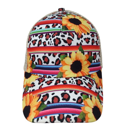 Sunflower Leopard Print Strapback Trucker Hat Multi OSFA Ponytail