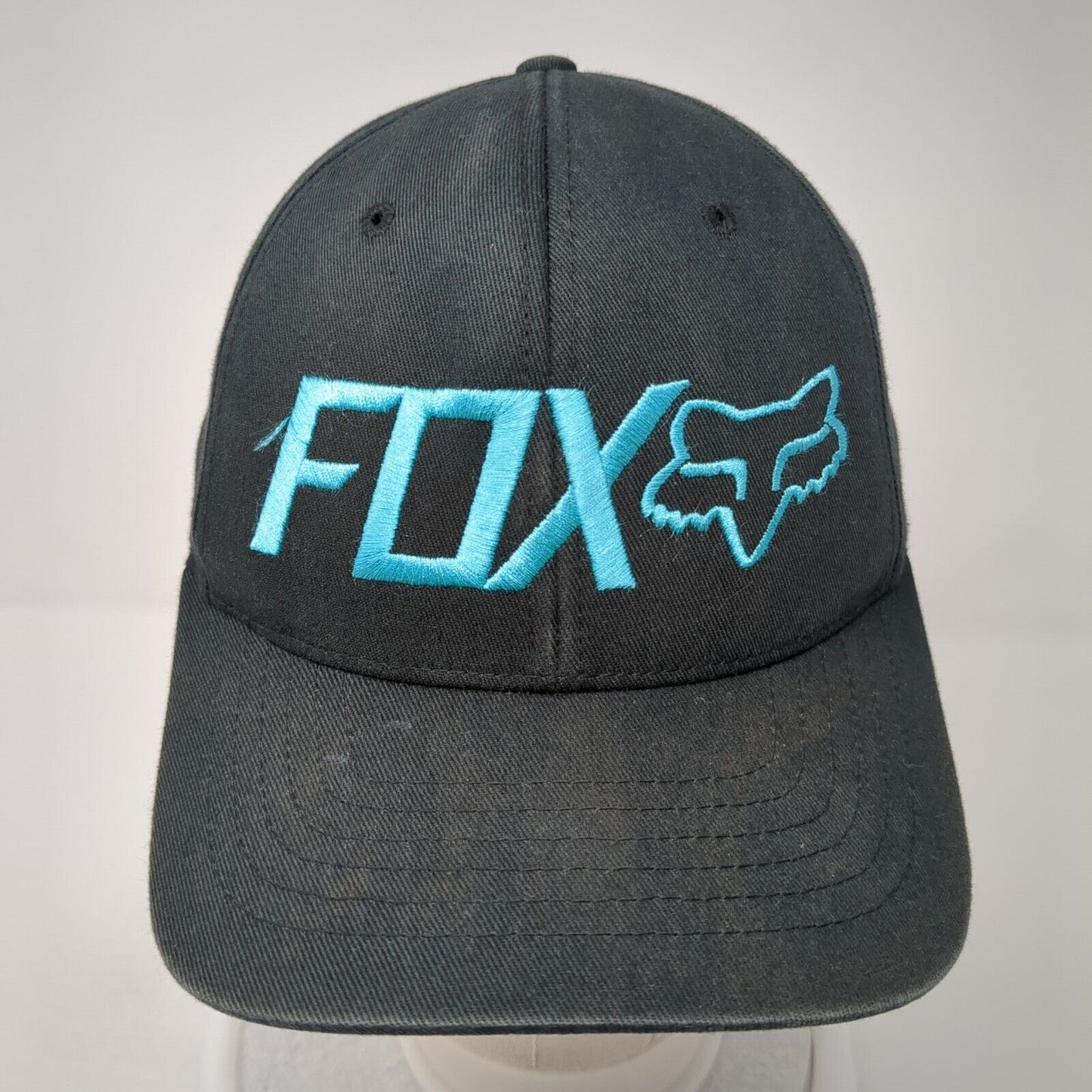 FOX Fitted Hat Black S/M Flexfit Lightweight Embroidered Vented Holes 6 Panel