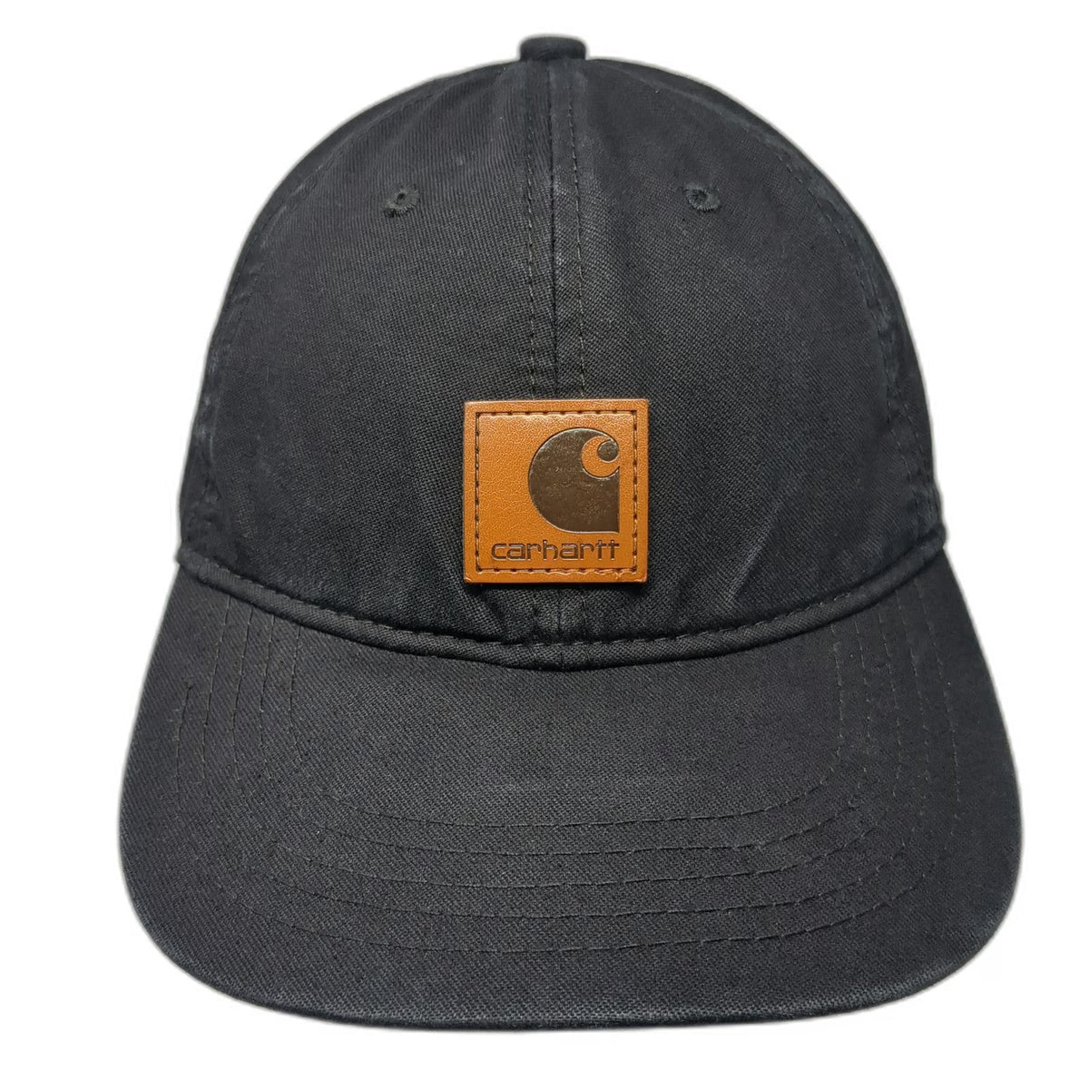 Carhartt Baseball Cap Black One Size Leather Patch Strapback Hat Logo Adjustable
