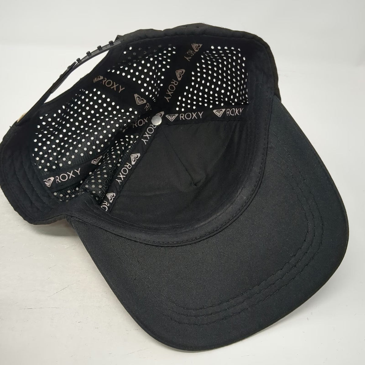 Roxy Trucker Hat Black One Size Geometric Starburst Perforated Snapback Cap