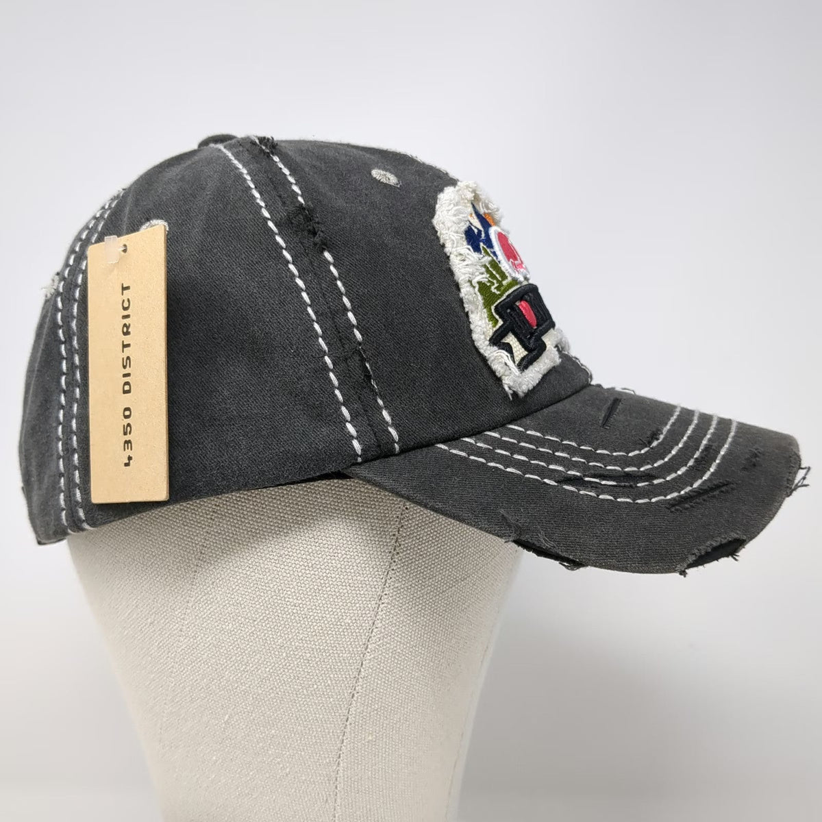 4350 District Baseball Cap Gray One Size Happy Camper Distressed Strapback Hat