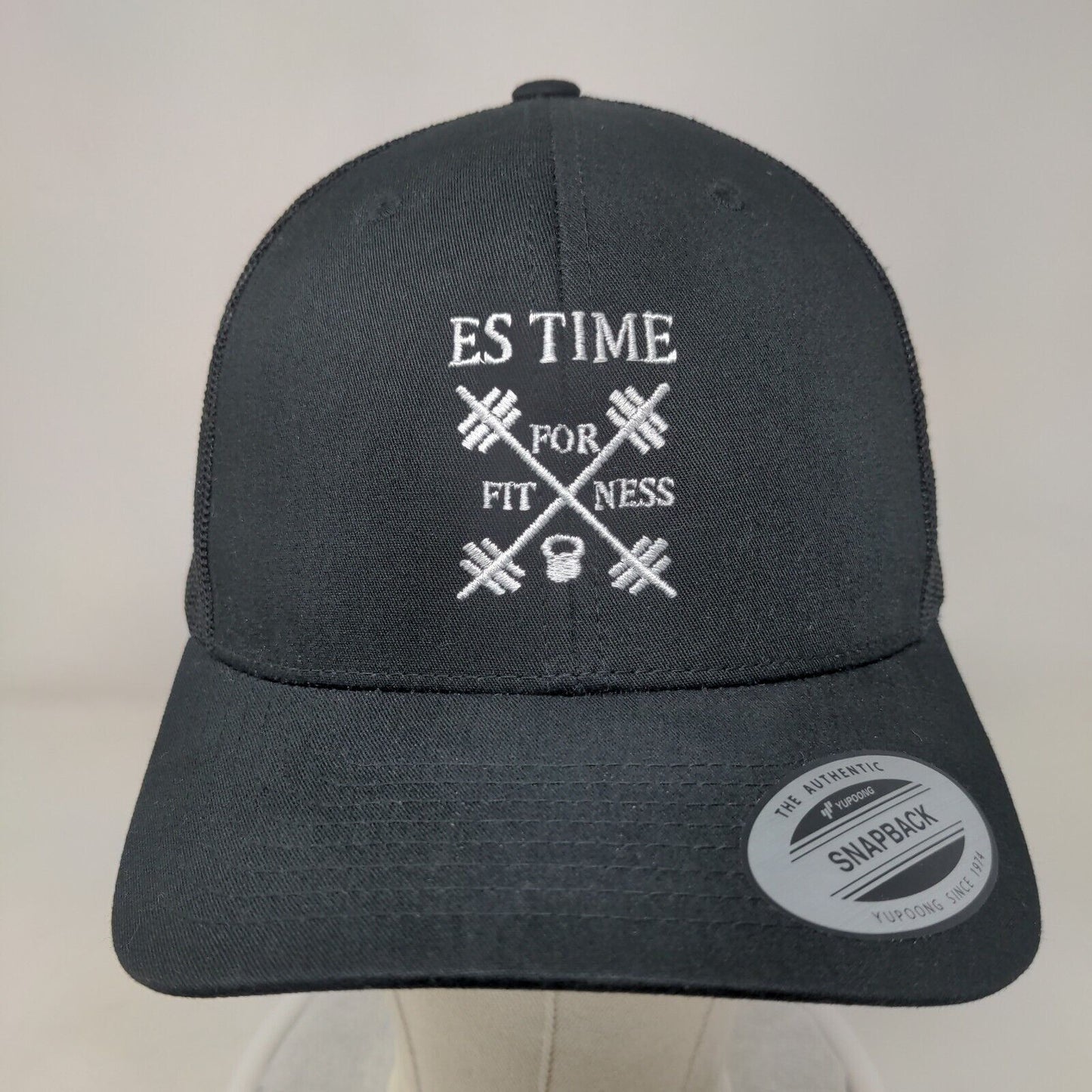 ES Time For Fitness Snapback Mesh Back Trucker Hat Black One Size Embroidered