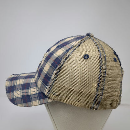 American Eagle Trucker Hat Blue Beige One Size Plaid Distressed Snapback 1977