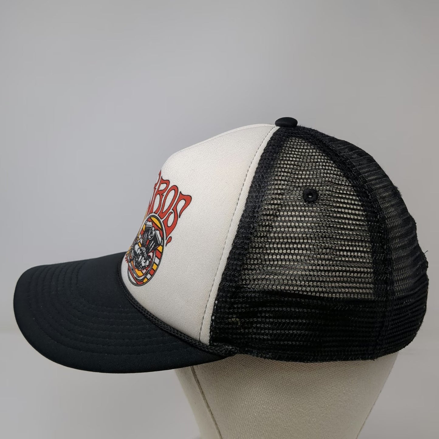 TC Bros. Trucker Hat Black White One Size Winged Engine Motorcycle Graphic Foam