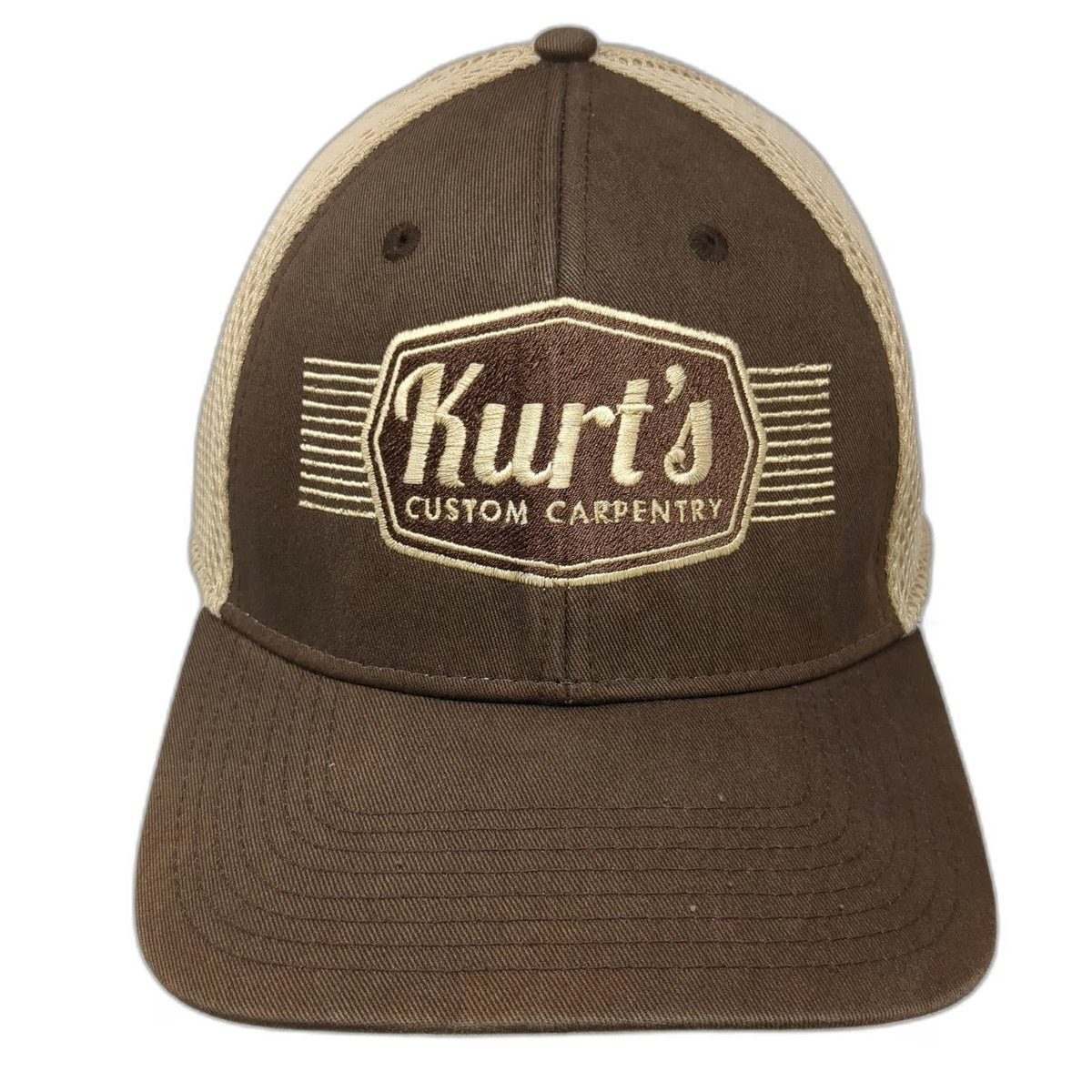 New Era Baseball Cap Brown XL Kurt's Custom Carpentry Mesh Back 39THIRTY Hat