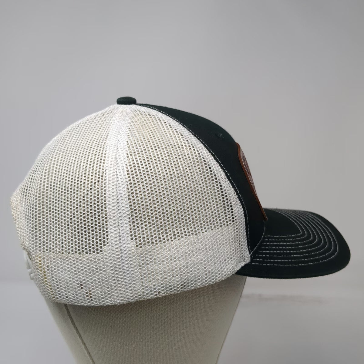 Outdoor Cap Trucker Hat Black White One Size Leather Patch Floral Tooled Mesh