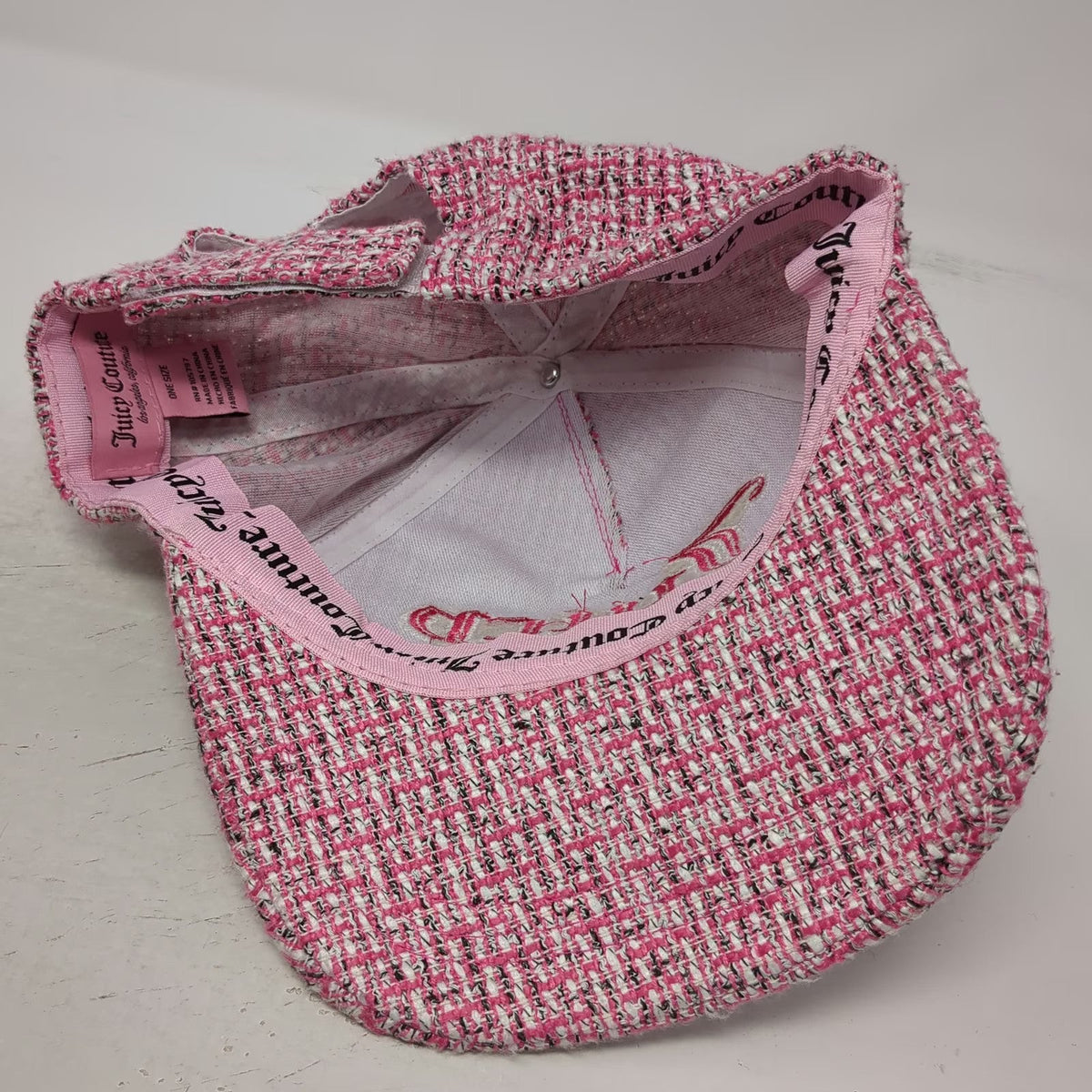 Juicy Couture 5 Panel Pink One Size Tweed Embroidered Logo Woven Strapback Hat