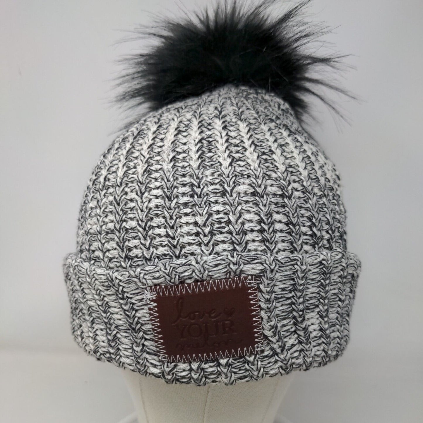 Love Your Melon Beanie Hat Multicolor One Size Hand Knitted Faux Fur Pom Pom