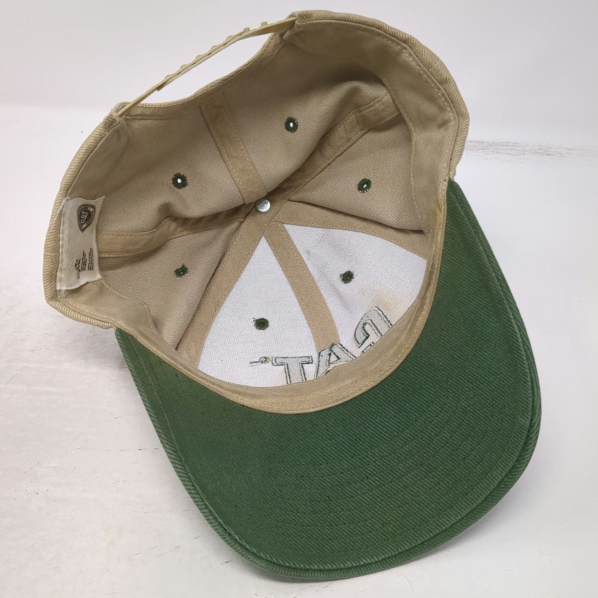 CAT Snapback Hat Beige Green One Size Embroidered Logo Construction Workwear