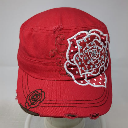 Leader Army Cap Red One Size Rhinestone Rose Distressed Cotton Slideback Hat