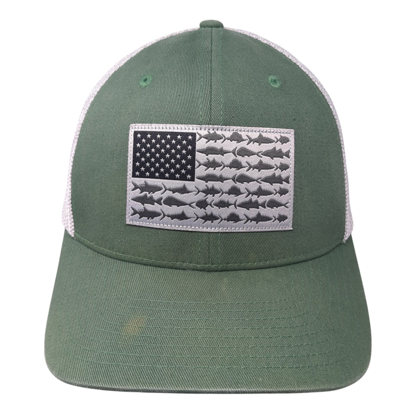 USA Fish Flag Fitted Mesh Back Trucker Hat Green One Size PFG Columbia