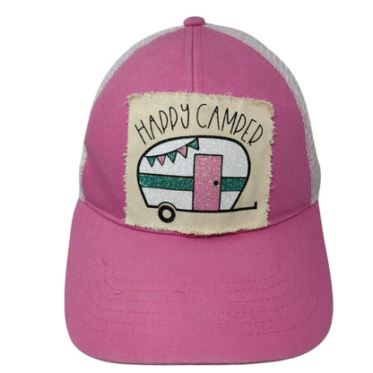 Happy Camper Snapback Trucker Hat Pink One Size Adjustable Mesh Back WB