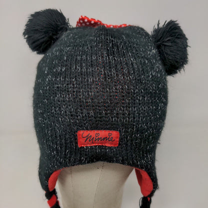 Disney Girls Knit Beanie Cap Black Red Size 4-16 Ear Flaps Fleece Lined
