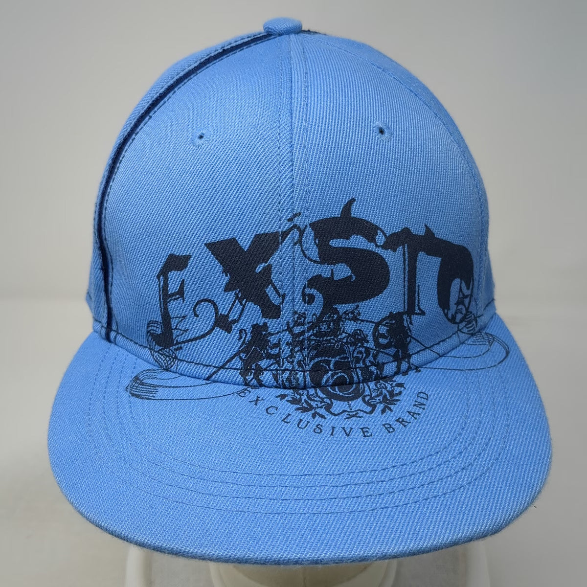 Exsto Blue Baseball Cap 7 1/2 Fitted Flat Brim Graphic Logo Shield Crest Hat