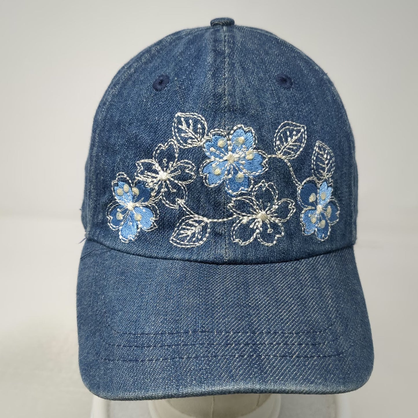 Blue Baseball Cap One Size Denim Floral Embroidered Flower Adjustable Strap Hat