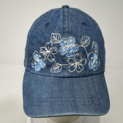 Blue Baseball Cap One Size Denim Floral Embroidered Flower Adjustable Strap Hat