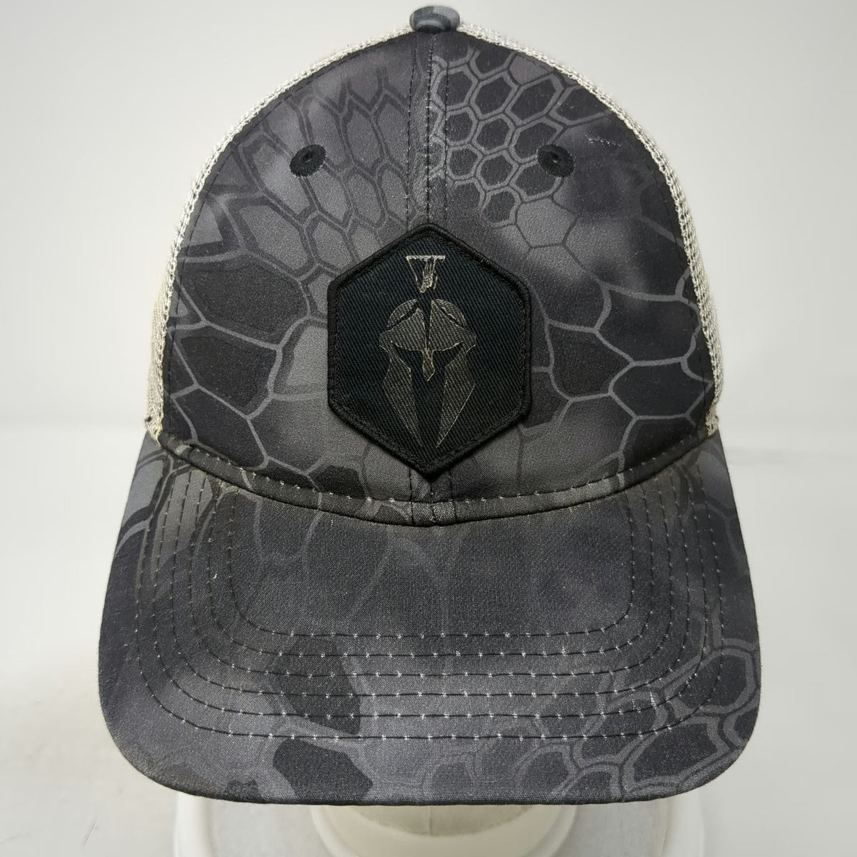 Kryptek Trucker Hat Gray One Size Camo Mesh Back Spartan Helmet Logo Snapback