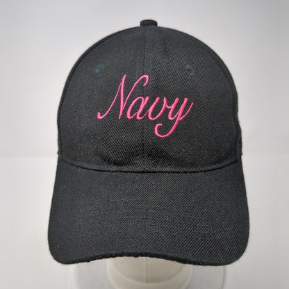 Navy Strapback Hat Black One Size Adjustable Embroidered Vented Holes 6 Panel