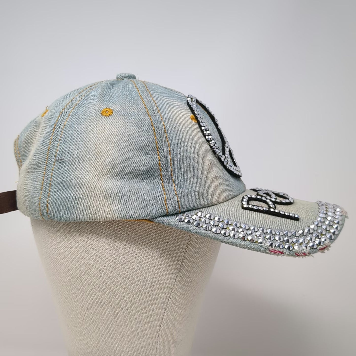 Baseball Cap Blue One Size Studded Rhinestone Peace Sign Denim Slideback Hat