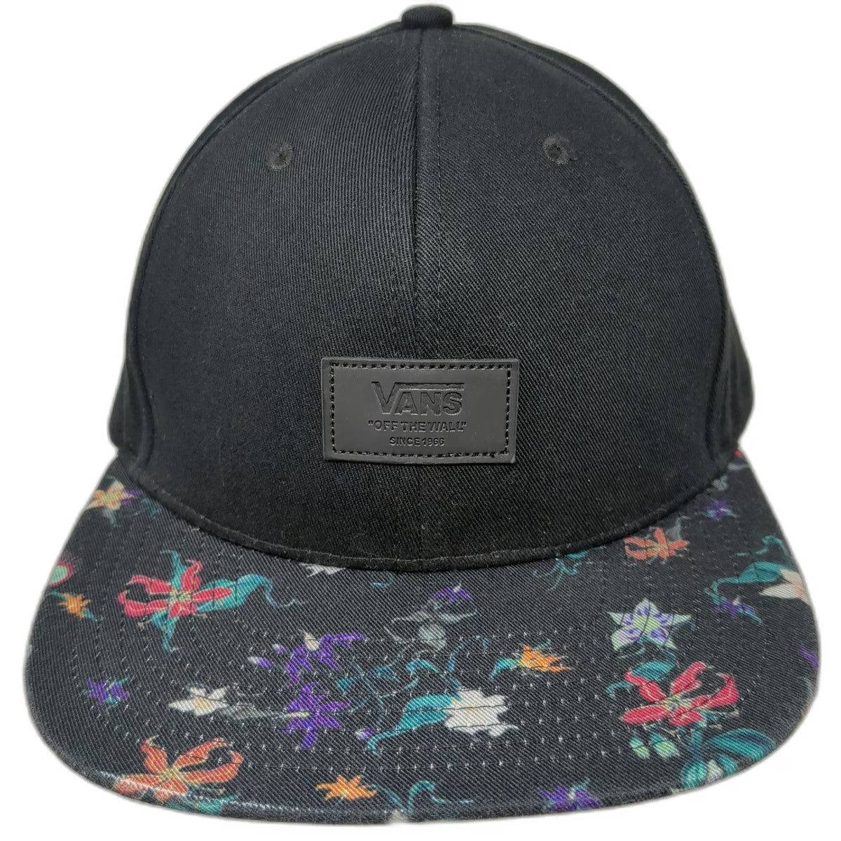 Vans Snapback Hat Black One Size Floral Pattern Brim Tropical Print Logo Patch